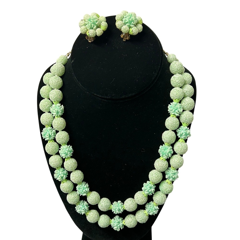 Vintage Japan Sugar Bead 2-Strand Necklace Earring Set Mint Green Floral MCM